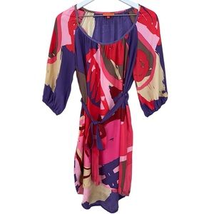 GLAM 100% Silk Colorful Abstract Belted High Low 3/4 Sleeve Dress Size Small